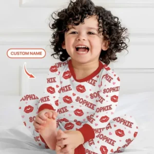 Custom Name Valentine Kiss Bamboo Two Piece Long Sleeve Pajama Set