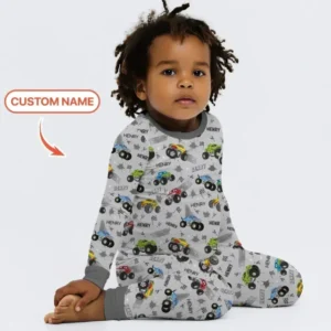 Monster Truck Dirt Jam Custom Name Daddy & Me Matching Bamboo Two Piece Long Sleeve Pajama Set