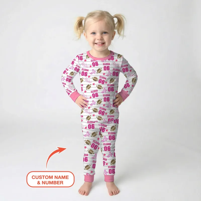 Custom Name Football Time Pink Bamboo Two Piece Long Sleeve Pajama Set