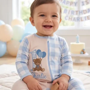 Custom Name Teddy First Birthday Embroidered Bamboo Zipper Footie
