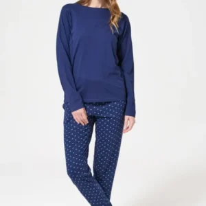 Pyjama longe en coton femme bleu marine coeur turquoise 1