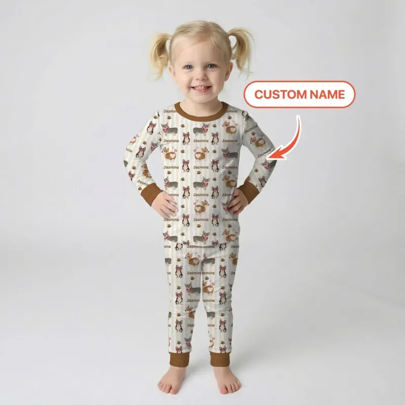 Playful Corgis Custom Name Family Matching Bamboo Two Piece Long Sleeve Pajama Set