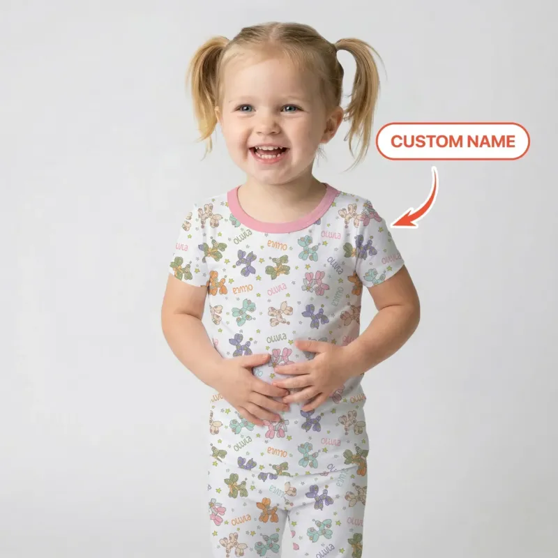 Custom Name Balloon Dog Bamboo Two Piece Short Sleeve Pajama Set