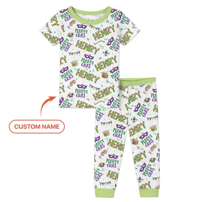 Custom Name Make your own Mardi Gras Bamboo Two Piece Short Sleeve Pajama Set