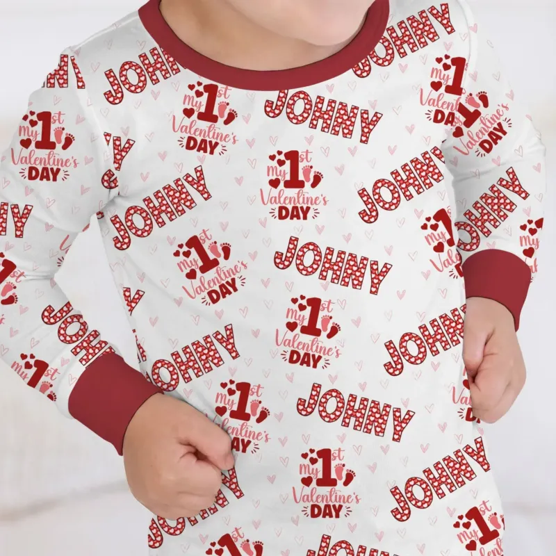 Custom Name My 1st Valentine's Day Bamboo Two Piece Long Sleeve Pajama Set