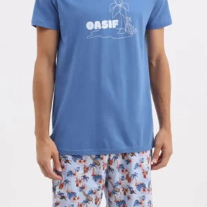 Pyjama Homme Oasif bleu Imprimé palmiers et fleurs hawaiiens 1