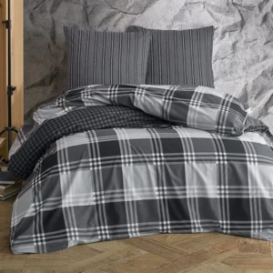 One Home Bettwäsche Set Kariert Gestreift grau anthrazit modern Wende Baumwolle Renforce