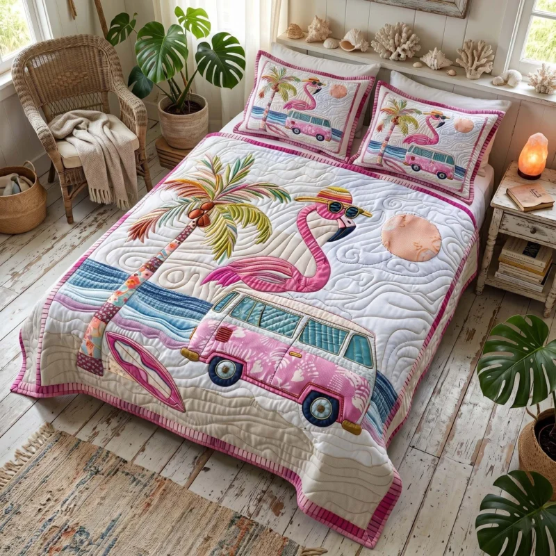 Coastal Flamingo Bamboo Quilt Bedding Set