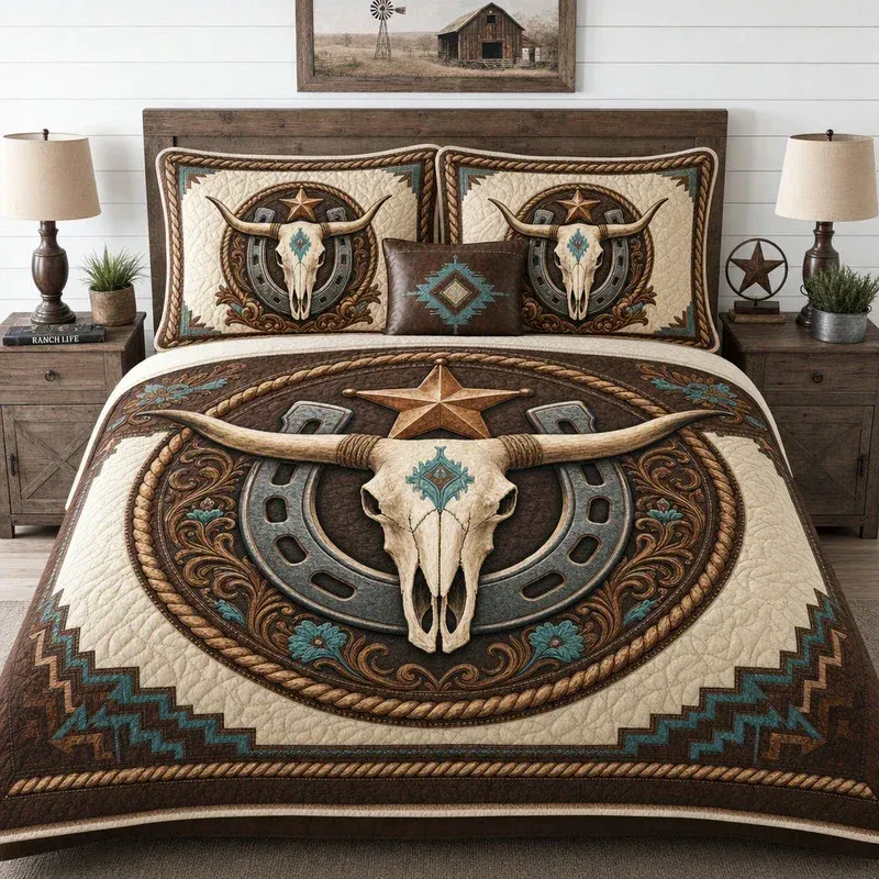 Cowboy Longhorn Bamboo Quilt Bedding Set