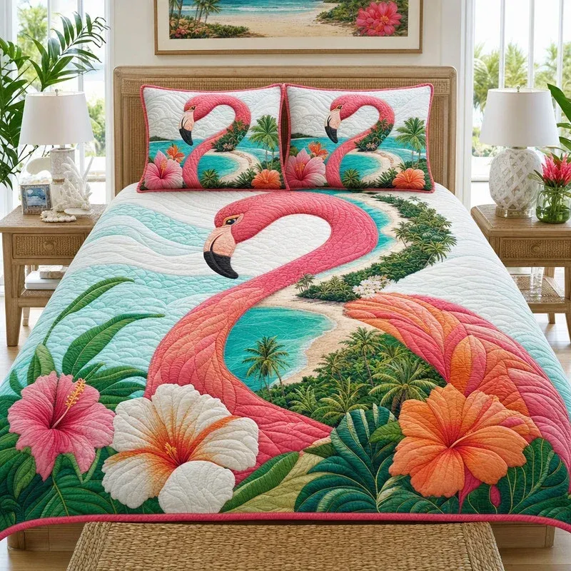 Flamingo Curve Tropical Bamboo Quilt Bedding Set