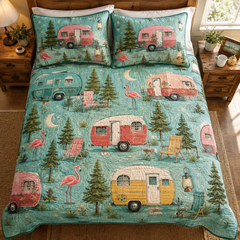 Flamingo Camper Escape Bamboo Quilt Bedding Set