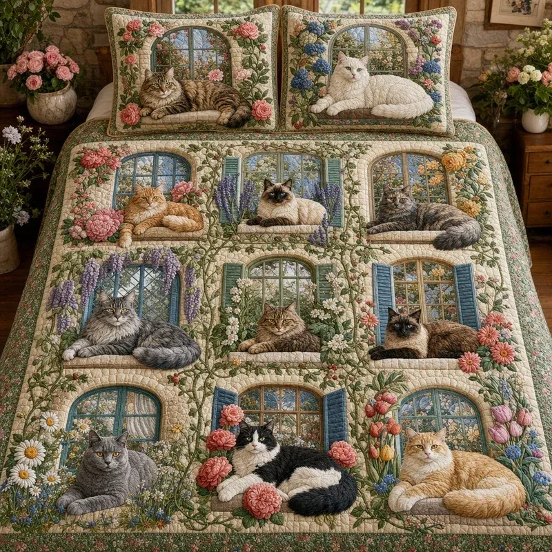 Floral Cats Bamboo Quilt Bedding Set