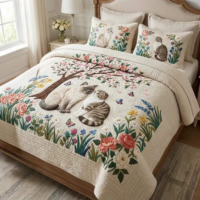 Flower Duo Cat Bamboo Quilt Bedding Set
