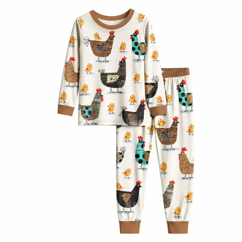 Folk Chicken Family Bamboo Two Piece Long Sleeve Pajama Set – Bild 2