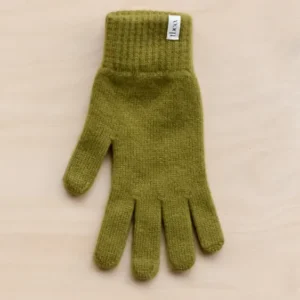 TBCo Cashmere & Merino Gloves in Olive, knitted wool winter glove with ribbed cuff and brand label, displayed on beige surface