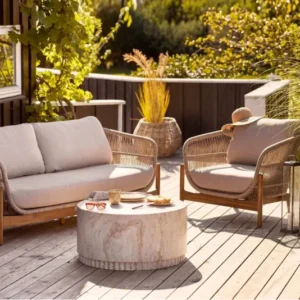 Garten Couchtisch Caluna – mit geriffelter Basis aus Faserlehm in Naturton