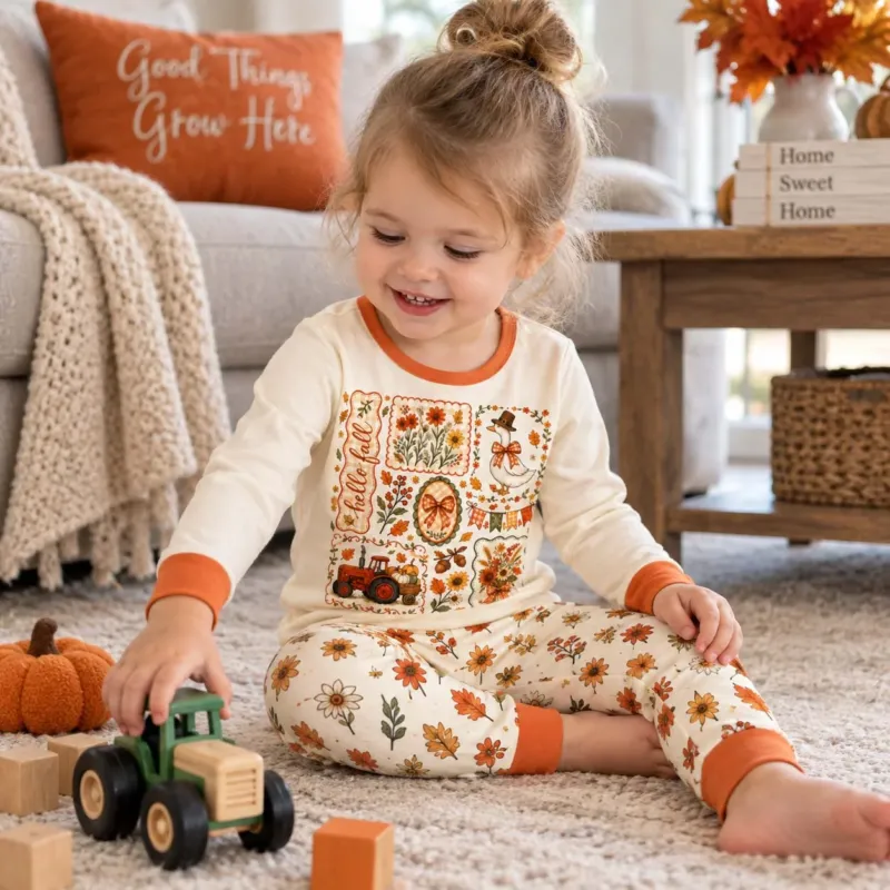 Hello Fall Harvest Farm Bamboo Two Piece Long Sleeve Pajama Set