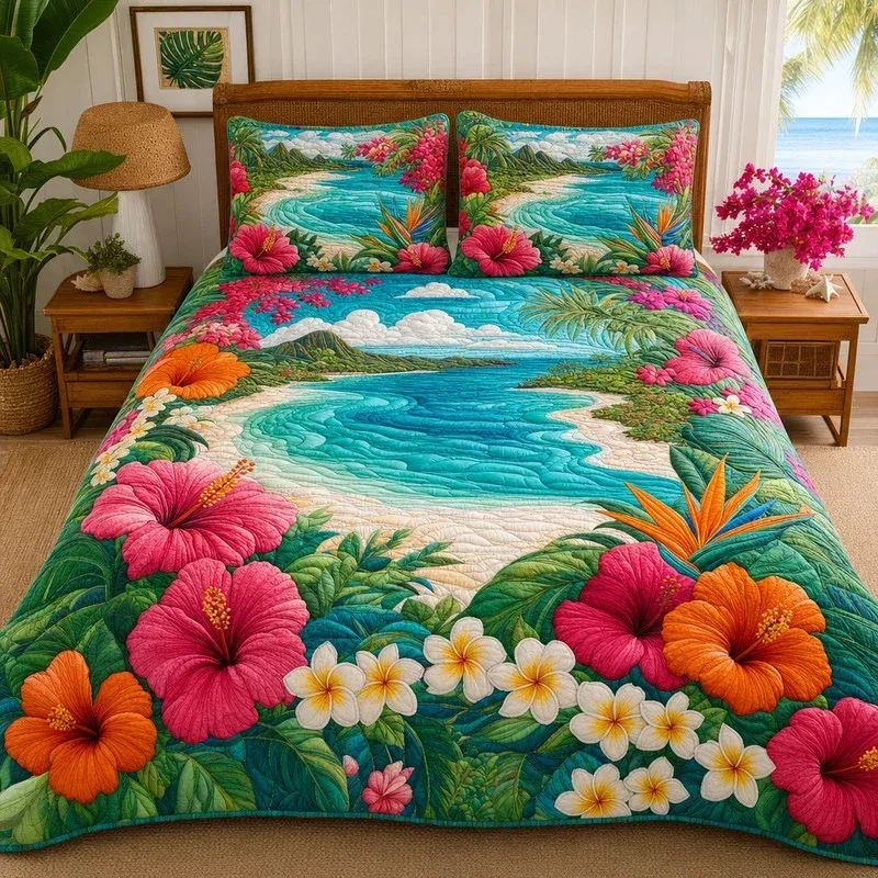 Hibiscus Cove Tropical Bamboo Quilt Bedding Set
