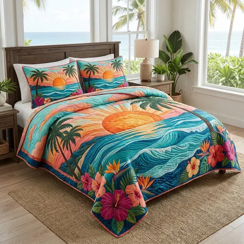 Hibiscus Sunset Beach Bamboo Quilt Bedding Set