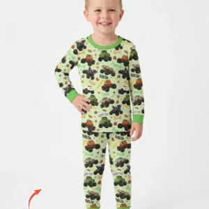 Spooky Monster Truck Custom Name Bamboo Two Piece Long Sleeve Pajama Set