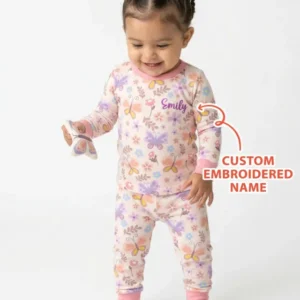 Custom Embroidered Name Butterfly Bamboo Two Piece Long Sleeve Pajama Set