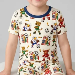Cute Soccer Mascots USA CAN MEX Bamboo Two Piece Short Sleeve Shorts Pajama Set