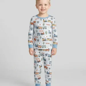 Personalized Train Birthday Bamboo Two Piece Long Sleeve Pajama Set