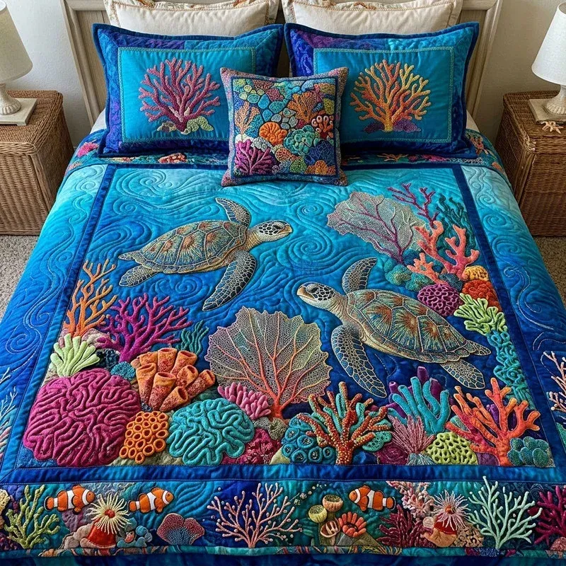 Indigo Fan Coral Bamboo Quilt Bedding Set
