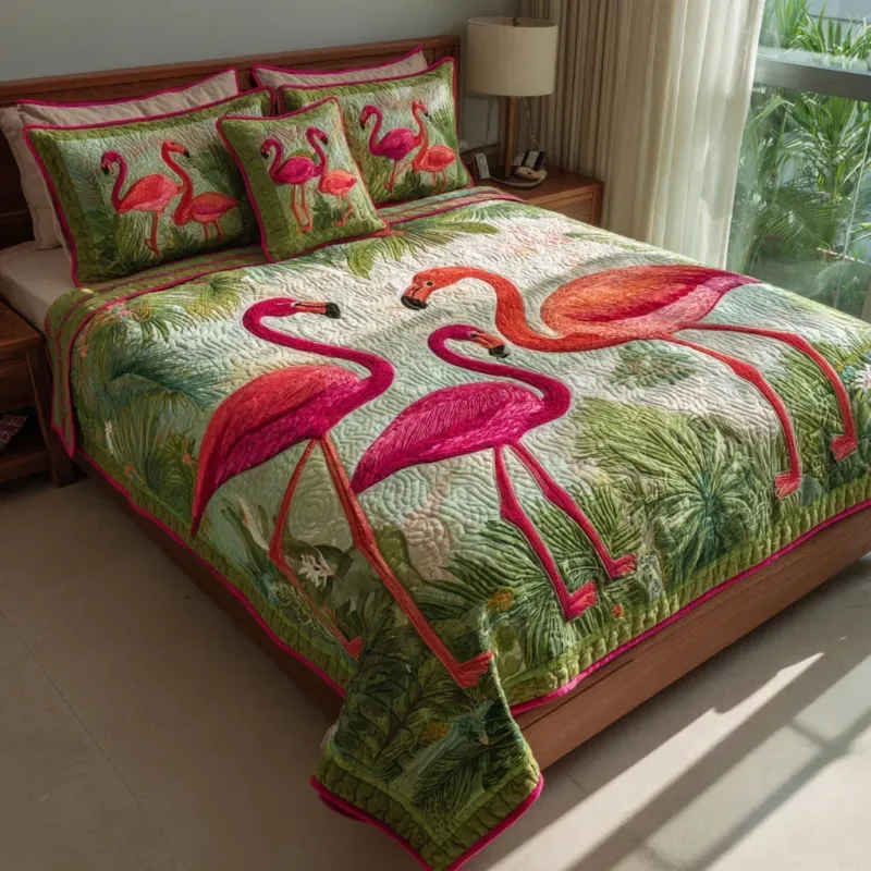 Island Flamingo Bamboo Quilt Bedding Set