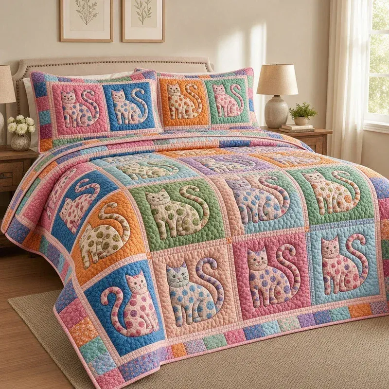 Kitten Patchwork Bamboo Quilt Bedding Set