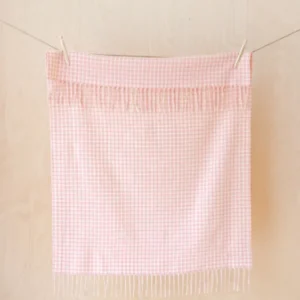 TBCo pink gingham lambswool baby blanket with fringe detail hanging on clothesline against cream wooden background