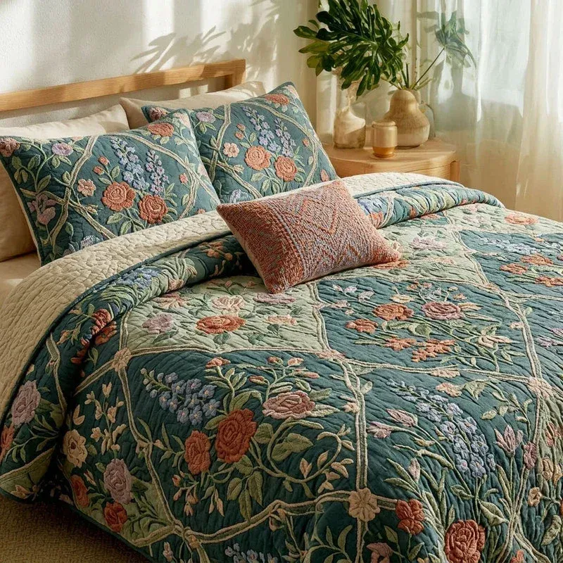 Lattice Botanical Bamboo Quilt Bedding Set