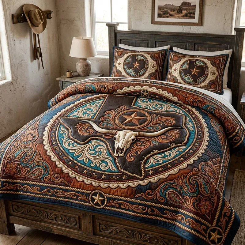 Longhorn Skull Medallion Bamboo Quilt Bedding Set