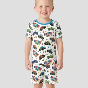 Monster Truck Birthday Boy Bamboo Two Piece Short Sleeve Shorts Pajama Set
