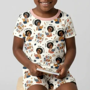 God Says I Am Cute Learning Afro Girl Bamboo Two Piece Short Sleeve Shorts Pajama Set