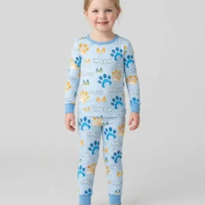 Custom Name Favourite Blue Dog Family Matching Bamboo Two Piece Long Sleeve Pajama Set