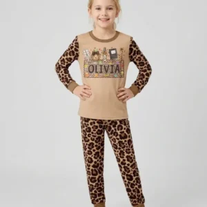 Custom Name School Sweetheart Leopard Bamboo Two Piece Long Sleeve Pajama Set