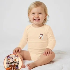Custom Name Cute Ghost Pumpkin Spooky Season Bamboo Bodysuit