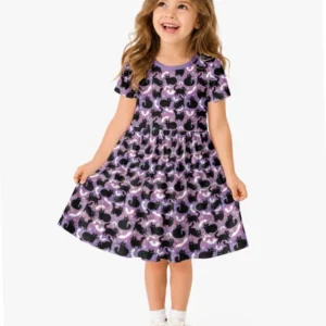 Spooky Black Cat Halloween Purple Bats Bamboo Twirl Dress