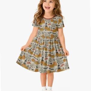 Cottagecore Halloween Cat Pumpkin Mushroom Bamboo Twirl Dress