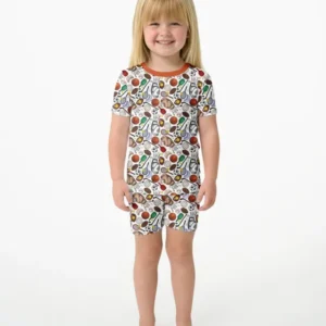 White Sports Equipment Bamboo Two Piece Short Sleeve Shorts Pajama Set