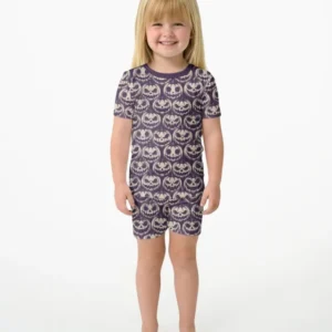 Retro Halloween Jack-O-Lantern Spooky Faces Bamboo Two Piece Short Sleeve Shorts Pajama Set