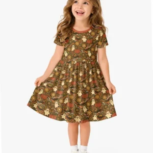 Retro Halloween Ghost Pumpkin Floral Bamboo Twirl Dress