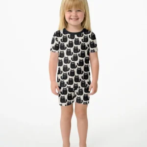 Moody Black Cats in Black and White Bamboo Two Piece Short Sleeve Shorts Pajama Set