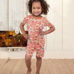 Pink Ghost Pumpkin Fall Floral Halloween Bamboo Two Piece Short Sleeve Shorts Pajama Set