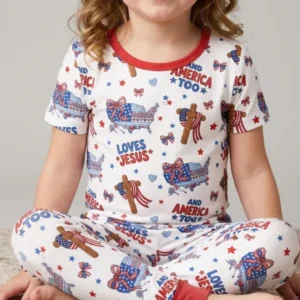 Loves Jesus And America Too Bamboo Two Piece Short Sleeve Pajama Set