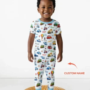 Custom Name Cute Transport Bamboo Two Piece Short Sleeve Pajama Set