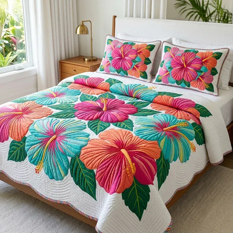Magenta Hibiscus Meadow Bamboo Quilt Bedding Set