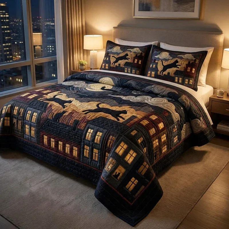 Midnight Rooftop Cat Bamboo Quilt Bedding Set