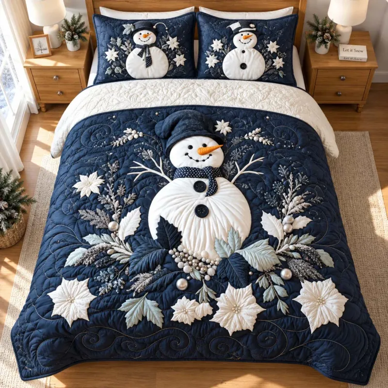 Navy Snowman Winter Floral Bamboo Quilt Bedding Set